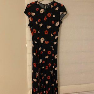 Reformation Black Slit Dress with Pink Flowers